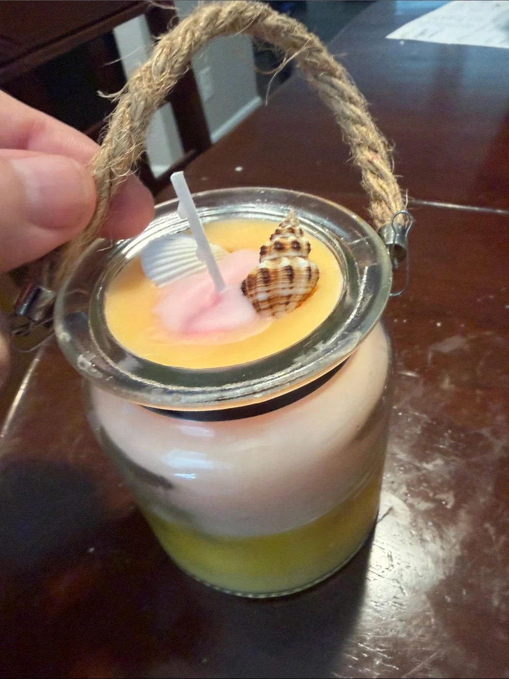 Coastal Two-Tone Pink & Yellow Candle Jar with Rope Handle